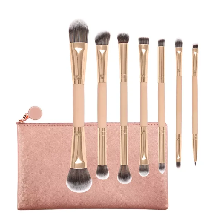 

Private label dual ended makeup brush wood handle 7pcs double head makeup brushes set with bag