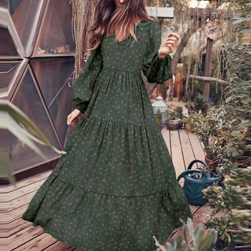 

slanna ladies long sleeve v neck muslim big swing a line plus size maxi floral printed women long dress