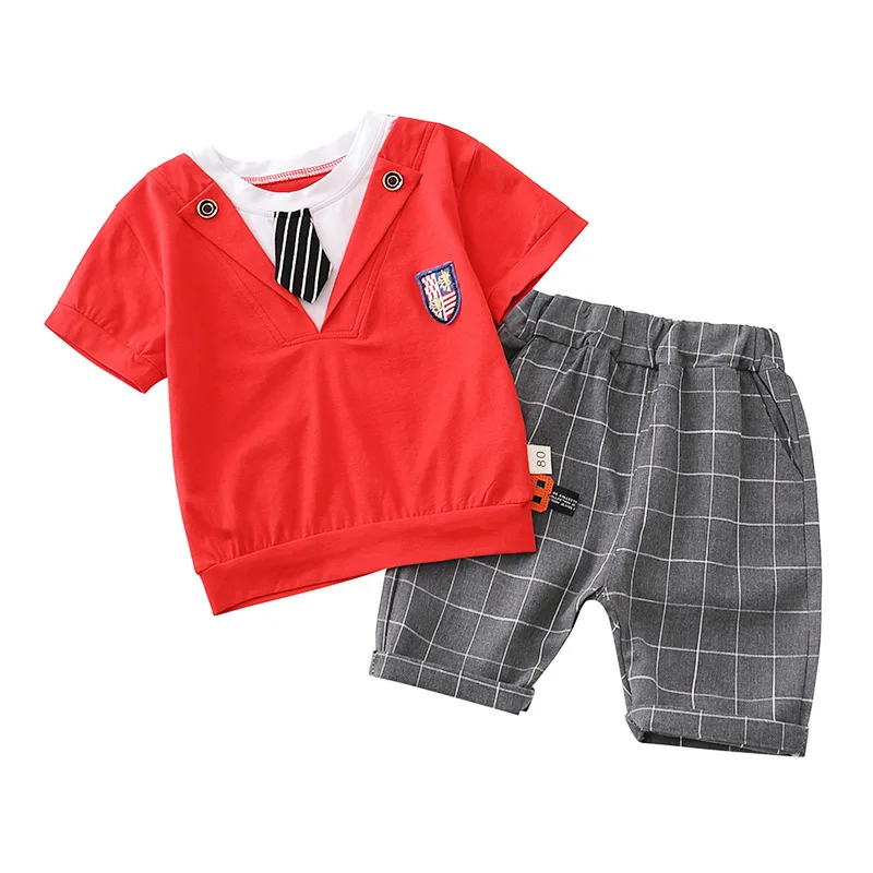 

Summer Kids' College Style New Boy Tie Short-Sleeve Checked Pants Suit Two Sets baby boys clothing, Blue,yellow,red