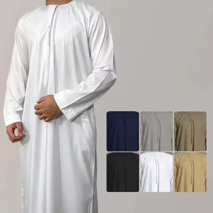 Most Popular Muslim Omani Solid Color Islamic Emirati Long Sleeve Kaftan Men Thobe Islamic Casual Clothing Robes Saudi Arabia