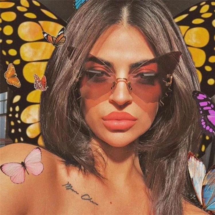 

2021 Trending Party Vintage Oversized Sun Glasses Shades Woman Rimless Designer Butterfly Sunglasses Women, As pictures or customized color