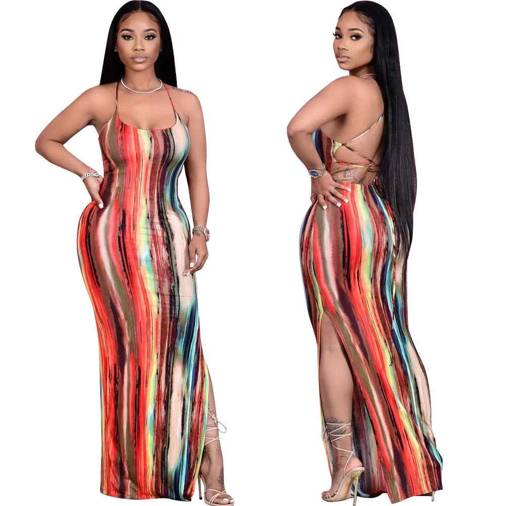 

H7140 - Fit Casual Backless Slit Printed Maxi Dresses Women