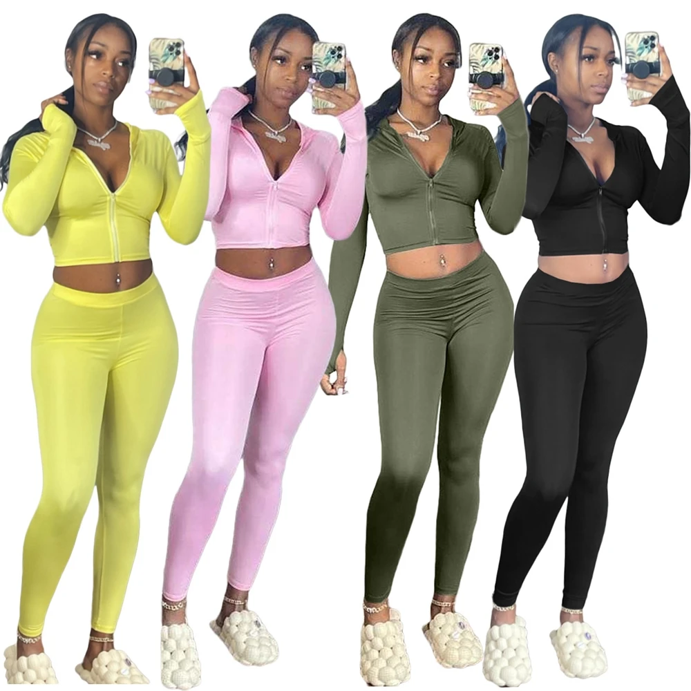 

Ladies Two Piece Outfits Joggers Sets Fall Clothing Women Long Sleeves Winter 2 Piece Sweatshirts Crop Tops Biker Short Sets