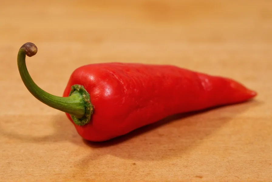 Close-up view of red scorpion pepper showing distinctive stinger tail and wrinkled skin on wooden cutting board