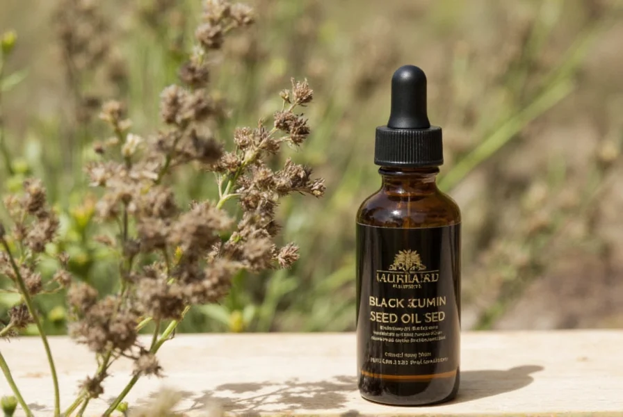 Black cumin seeds and oil bottle showing natural extraction process