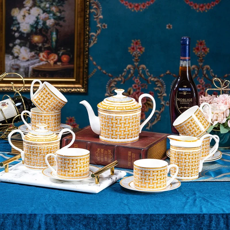 

Fine bone china 15pcs mosaic coffee cup and saucer porcelain coffee pot set Royal bone china tea and coffee sets, Yellow coffee & tea sets