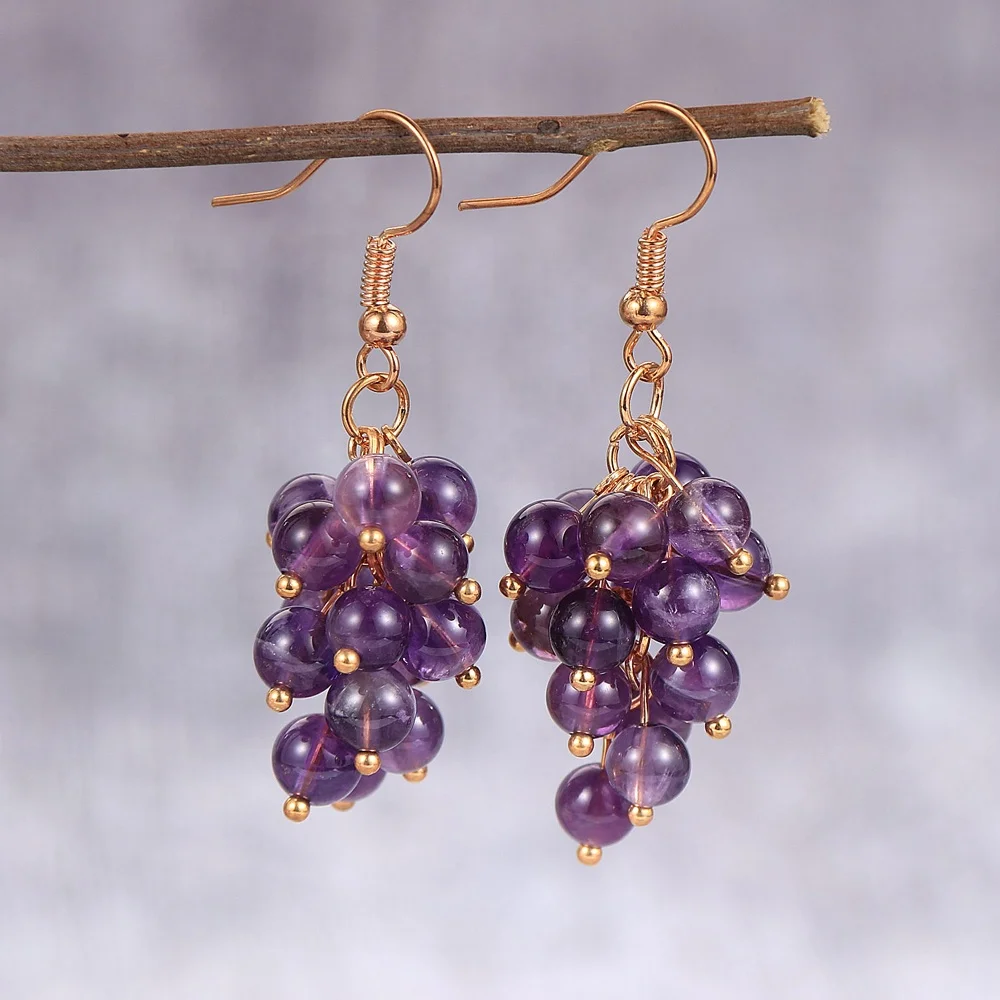 

Nabest Women BOHO Natural Stone Beads Amethyst Indian Agates Grape Bunch Dangling Earrings Jewelry