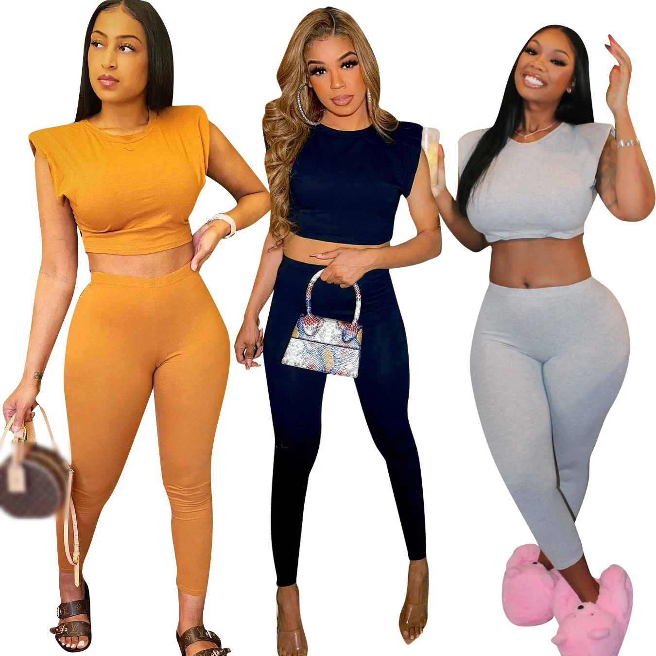 

Fashion solid color sets womens clothing two piece summer sets casual trouser women 2 piece set