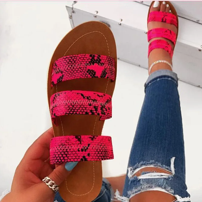 

Drop Shipping Summer Beach slides outdoor slippers strap sandals Shoes snakeskin slides slippers women's flats, White/brown/pink/green