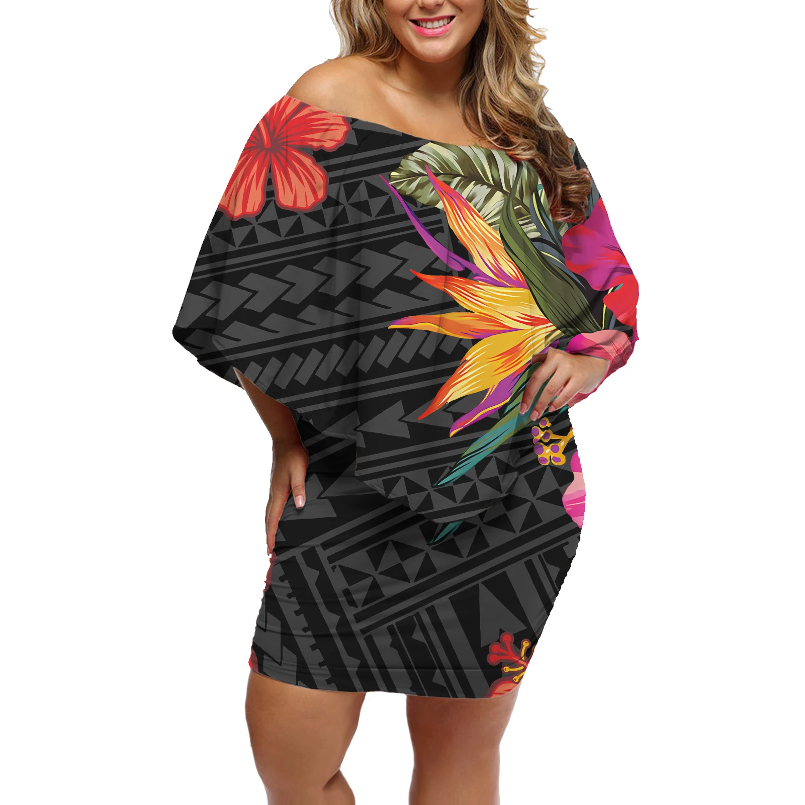 

Wholesale New Fashion Elegant Batwing Sleeve Two-Piece Big Size off Shoulder Dress High Quality Samoan tribal Print Dress, Customized color