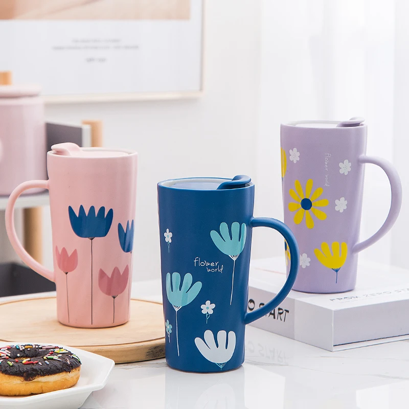 

Feiyou New Trendy Fashion Nordic Style student mug Large Capacity ceramic Mug cups Flower Ceramic Mug with Lid, As the picture show