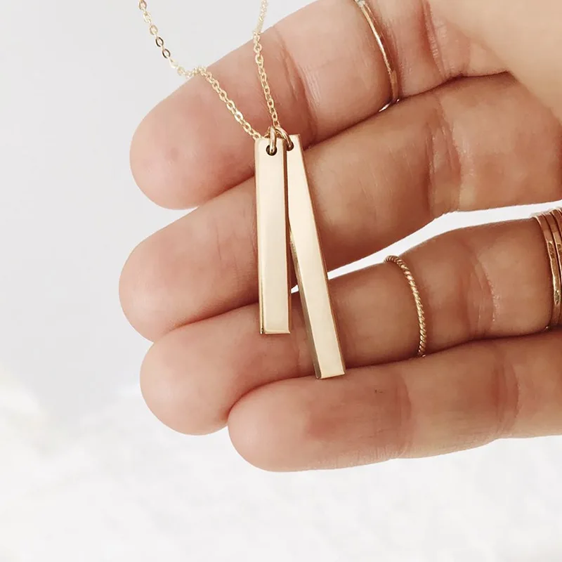 EManco Stainless Steel Rectangular Pendant Necklace Gold Plated Double Long Vertical Bar Snake Chain for Fashion Gift