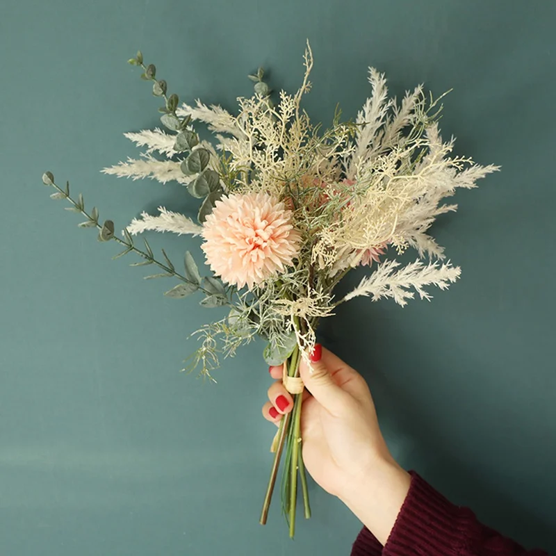 

NEW White Artificial Flowers High Quality Silk Dandelion Plastic Eucalyptus Hybrid Bouquet Wedding Home Decoration Flower, As shown