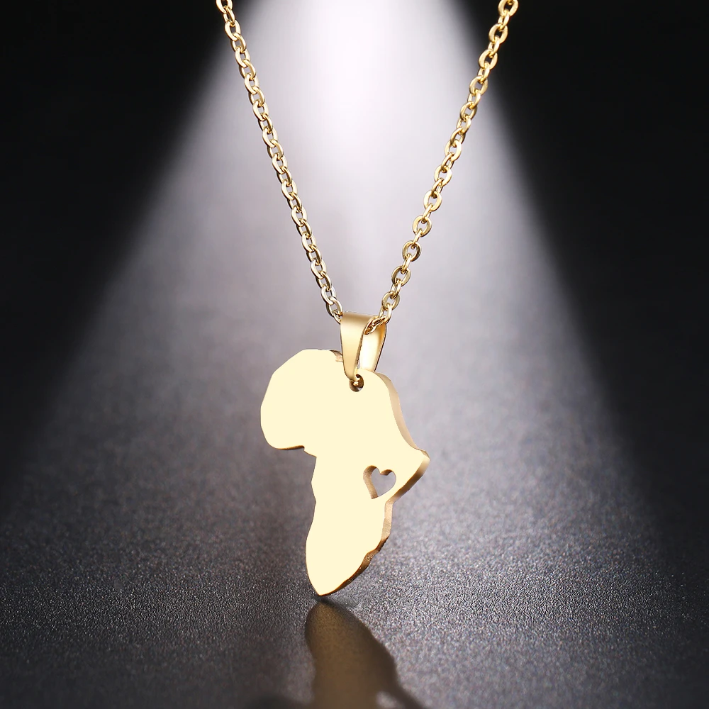 

New Fashion Stainless Steel Gold Plated Jewelry Big Africa Map Shape Pendant Necklace Map Necklace For Men/Women, Gold, silver