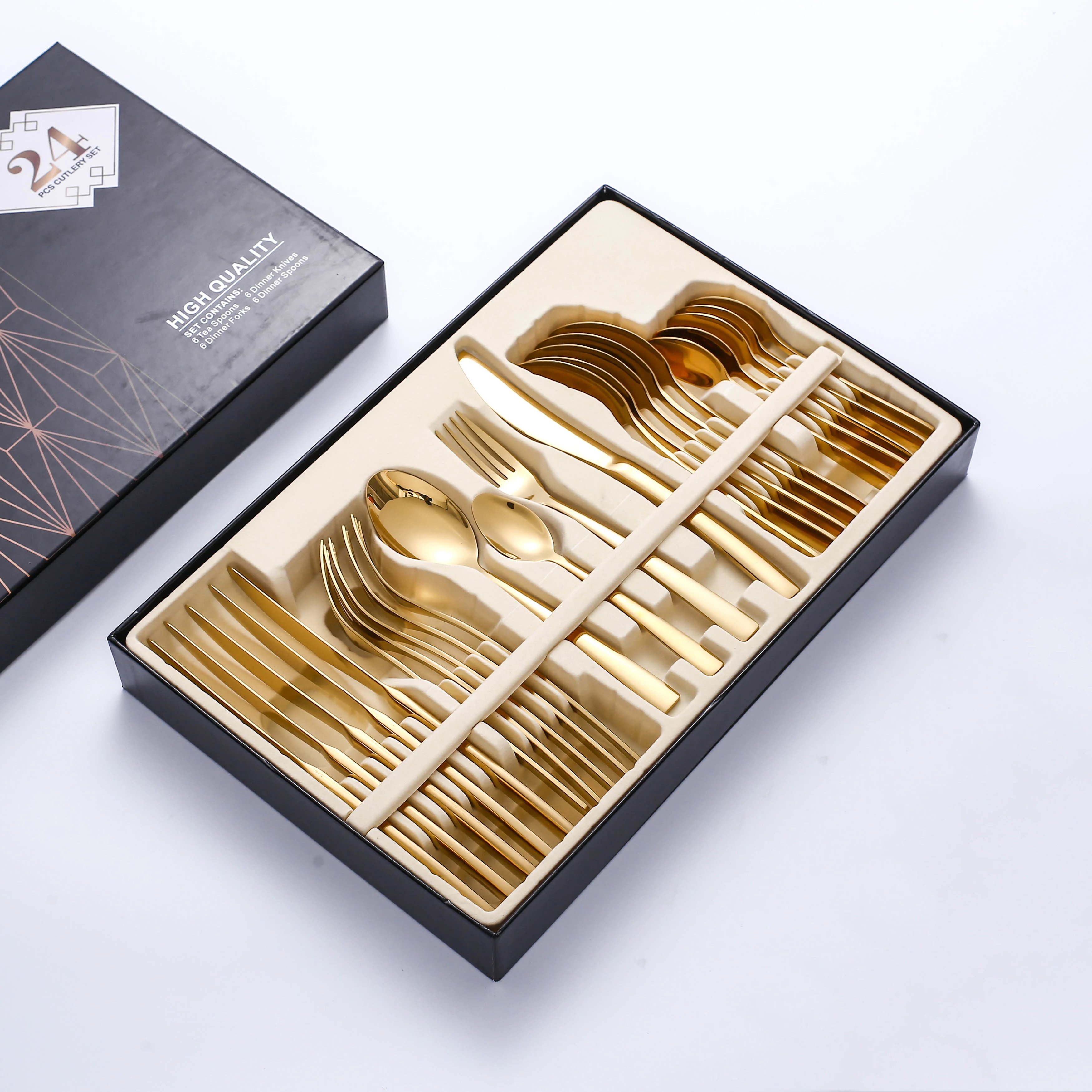 

Wholesale 24pcs box flatware sets kitchen luxury golden cutlery spoon and fork stainless steel cutlery set for sale, Gold cutlery set