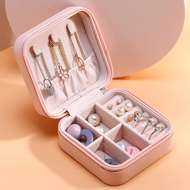 

DDA1957 Zipper Travel Jewellery Gift Case PU Leather Jewelry Storage Box Organizer Portable Necklace Earrings Ring Jewelry Boxes, 4 colors