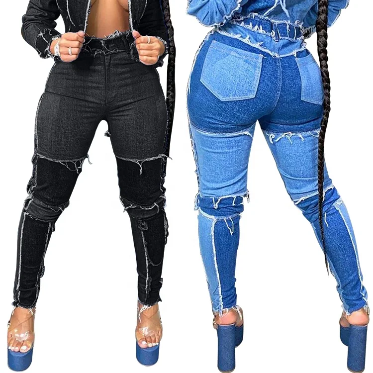 

Fashion Fall Clothing Personality Splicing Patchwork Trousers Women Denim Pant Jeans, Blue / black / gray / dark blue / light blue