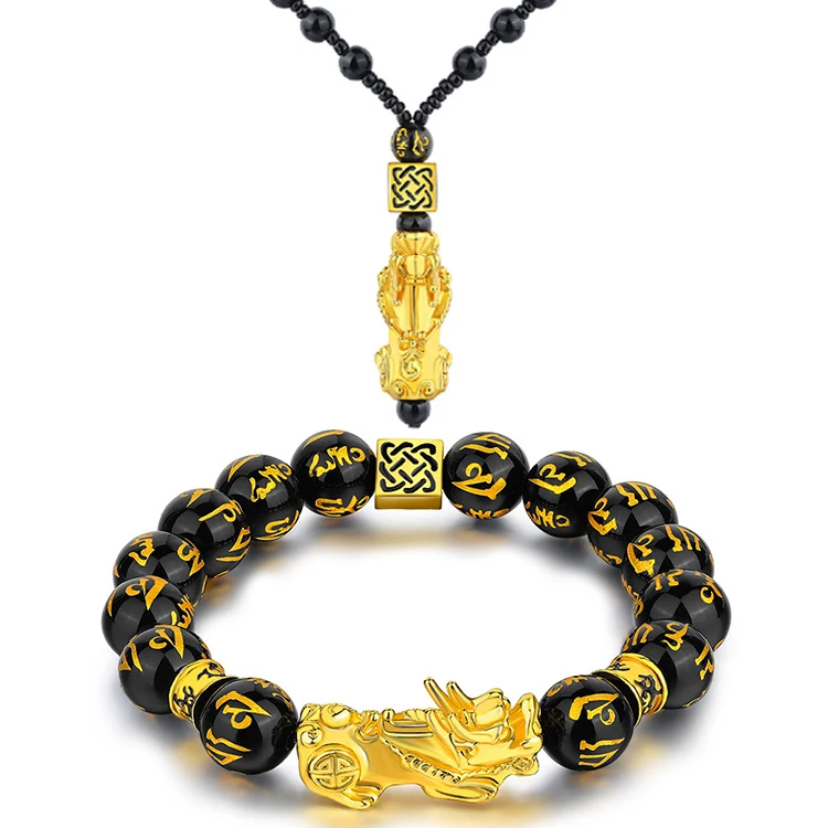 

Black obsidian crystal silver feng shui pixiu Bracelet Fashion jewelry Vendor