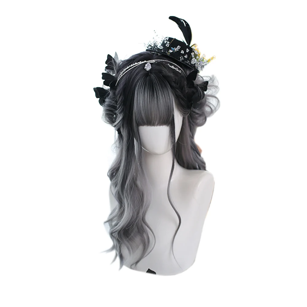 

Dark Gray Gradient Light Gray Air Bangs Long 22 Inch Wavy Synthetic Wig Japanese Lolita Rooming Face Natural Girls Party Wigs, Pic showed