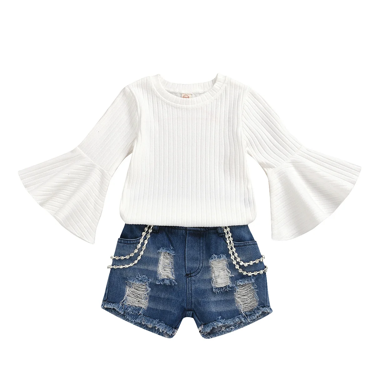 

2021 new pure white knitted long flared sleeve top denim torn nail chain shorts set kids clothing baby for hot selling, As pic shows, we can according to your request also