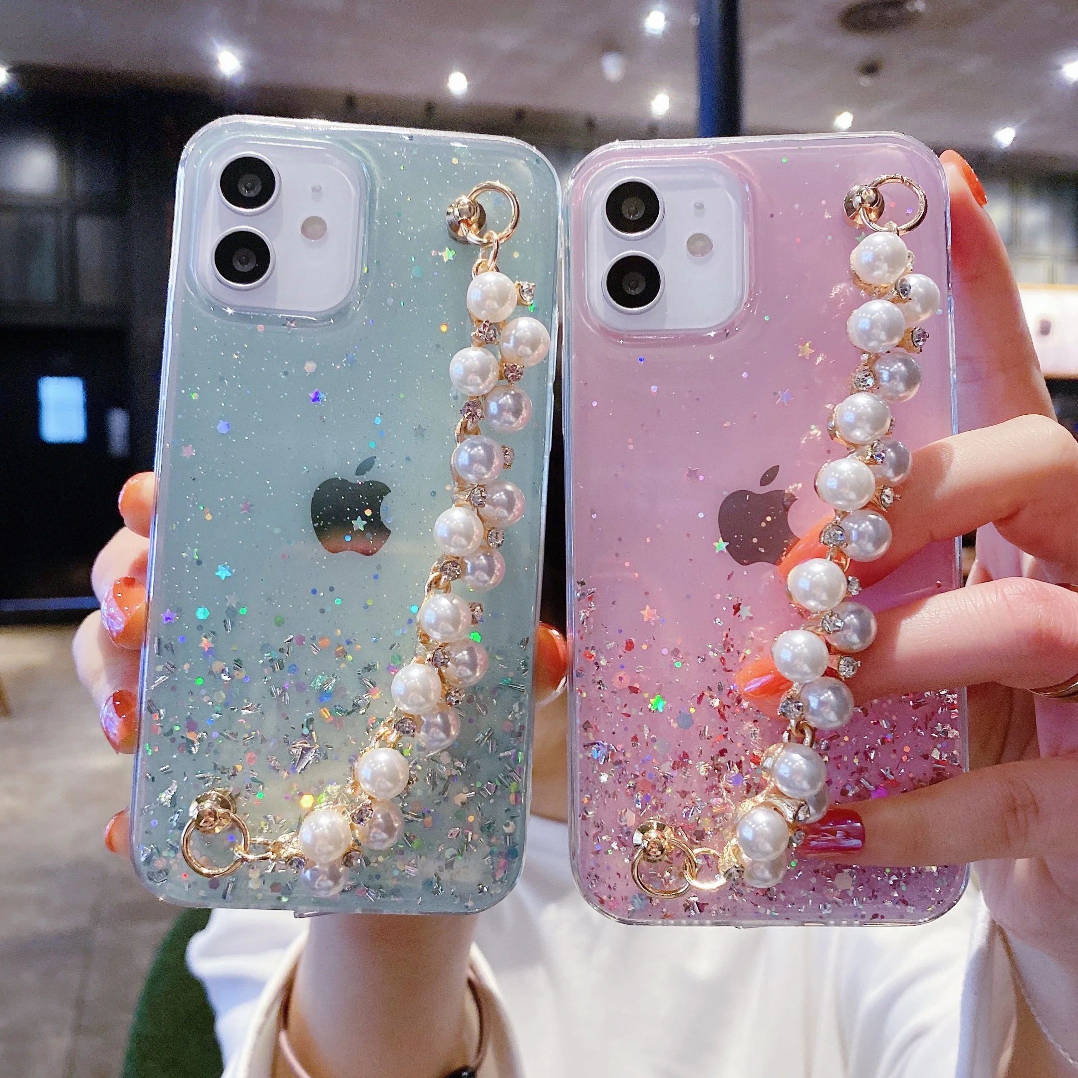 

Luxury Cute Pearl long chain Glitter Bling Soft Case Cover shell for iphone 6/7/8 7P/8P X XS XR XSMAX 11 PRO 12 12 PRO MAX