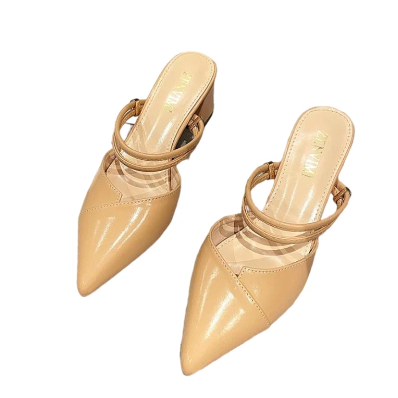 

Spring New Collection Solid Color Slipper Ladies Pointed Thick Heels Sandals, Picture