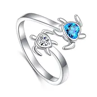 

S925 Sterling Silver Turtle Animal Open Ring Sea Turtle Heart CZ Adjustable Bypass Nature Ocean Ring,Size 7