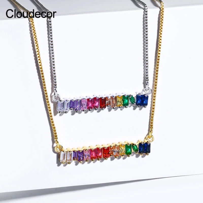 

Minimalist Rainbow Pink CZ Necklace Women Diamond Choker Necklace Gold Rectangle Bar Gold Charm Zircon Necklace Jewelry, 18k gold plated