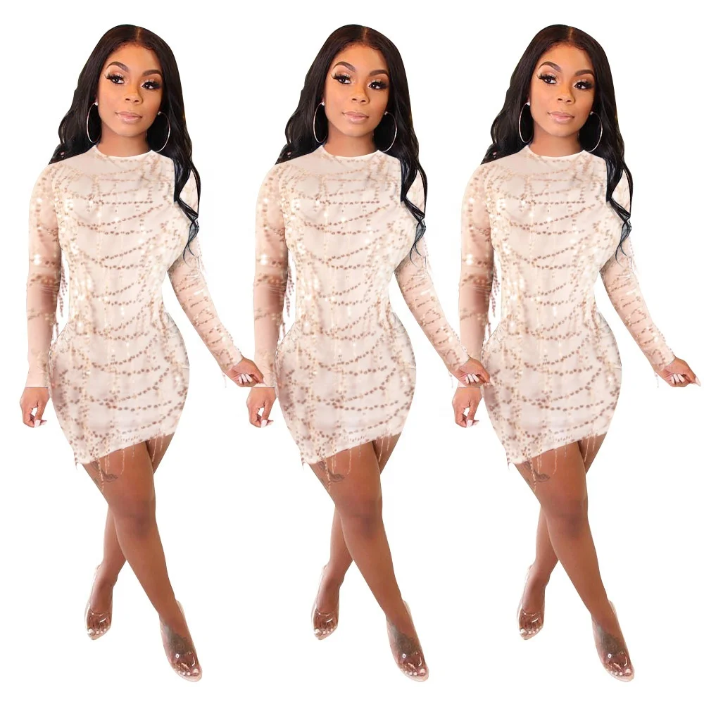 

B51082A Latest design women fashion sequins tassel mesh dress, Apricot