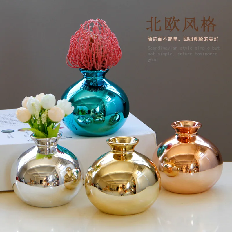 

European-style electroplating gold rose gold blue ceramic crafts flower pot home decoration ornaments, Gold. silver, blue, pink