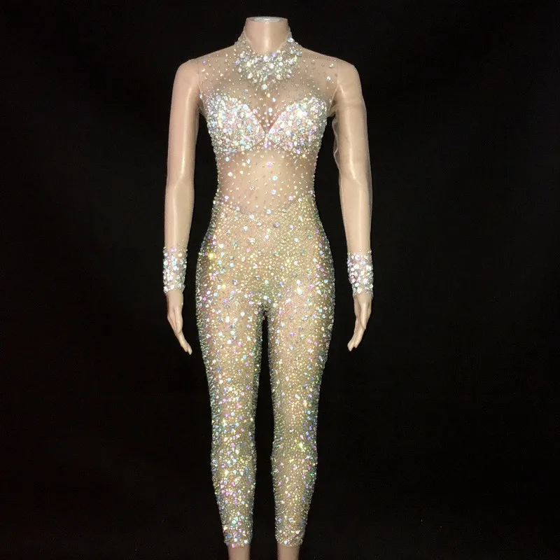 

Sparkly women Singer rhinestone jumpsuit see through jewelry club stage show dance bodysuit costume gogo outfit