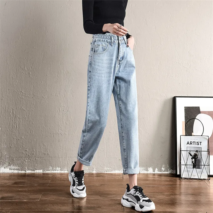 

2021 Women Adjust Straight-leg Jeans Ladies Casual Plus Size Denim Pants, As pic