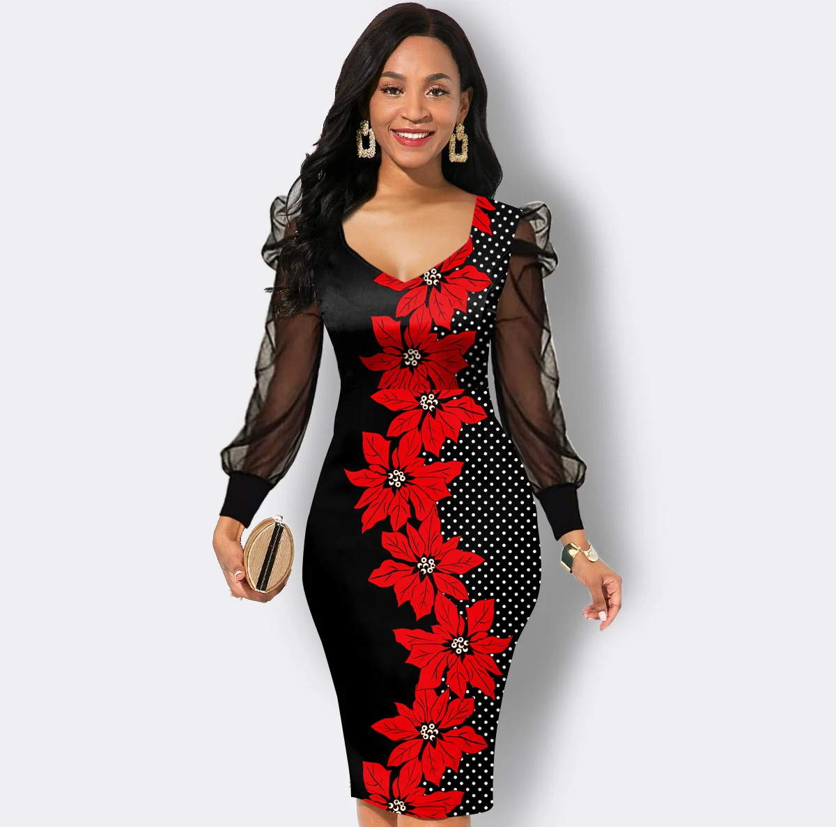 

Mesh Sleeve Floral Print Sheath Dress Casual korean modern Dress, Customized color