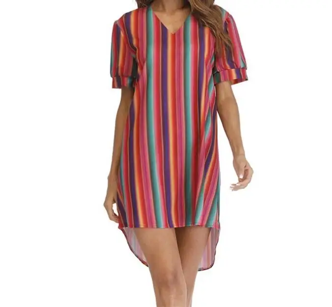 

Wholesale Fashion Womens Serape Tops V-Neck Striped Half Sleeve Rainbow Multicolor Thin T-Shirt Dress