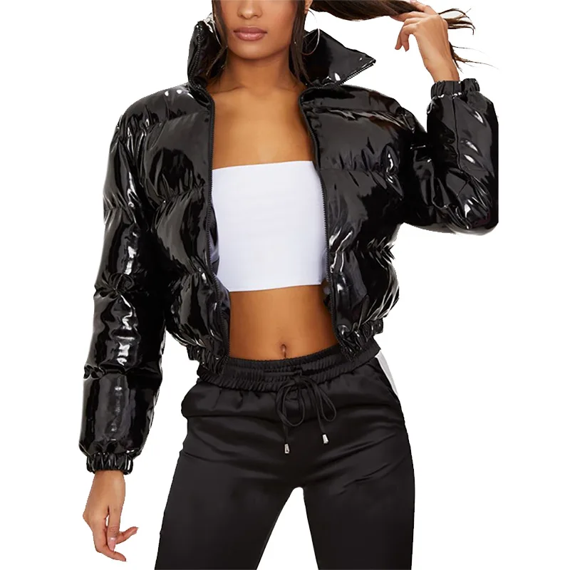 

Black puffer custom bubble coat plastic waterproof coat shiny bubble coat bubble sleeve PU leather cotton bread jacket, Picture shows