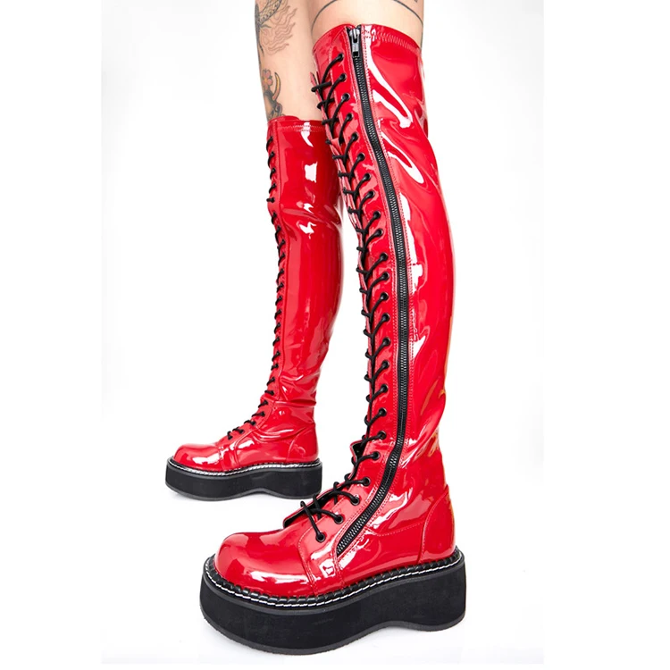

Designer Famous Brands Fall Flat Leather Knee Thigh High Long Women Boots With Heels, White red black