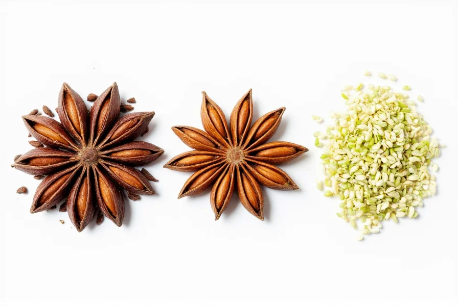 Comparison of anise seeds, star anise pods, and fennel seeds on white background