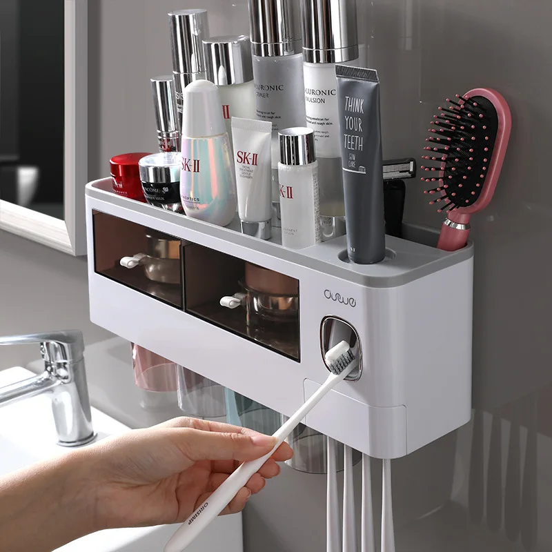 

Magnetic Toothbrush Holder with Toothpaste Squeezer with Cups for 2/3Persons in Bathroom Storage Rack Nail Free Mount