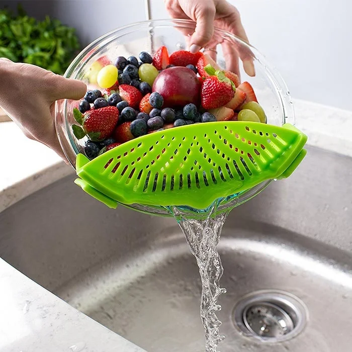

Clip-on Stew-Pan Silicone Strainer Kitchen Silicone Colander Fits all Pots and Bowls, Green, red, purple, sky blue, deep blue