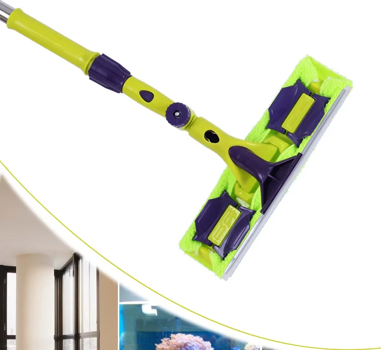 

P1319 Glass Cleaning Tool Rotating Head Brush Silicone Scrubber Double-sided Telescopic Rod Wiper Glass Cleaner Window Squeegee, Green