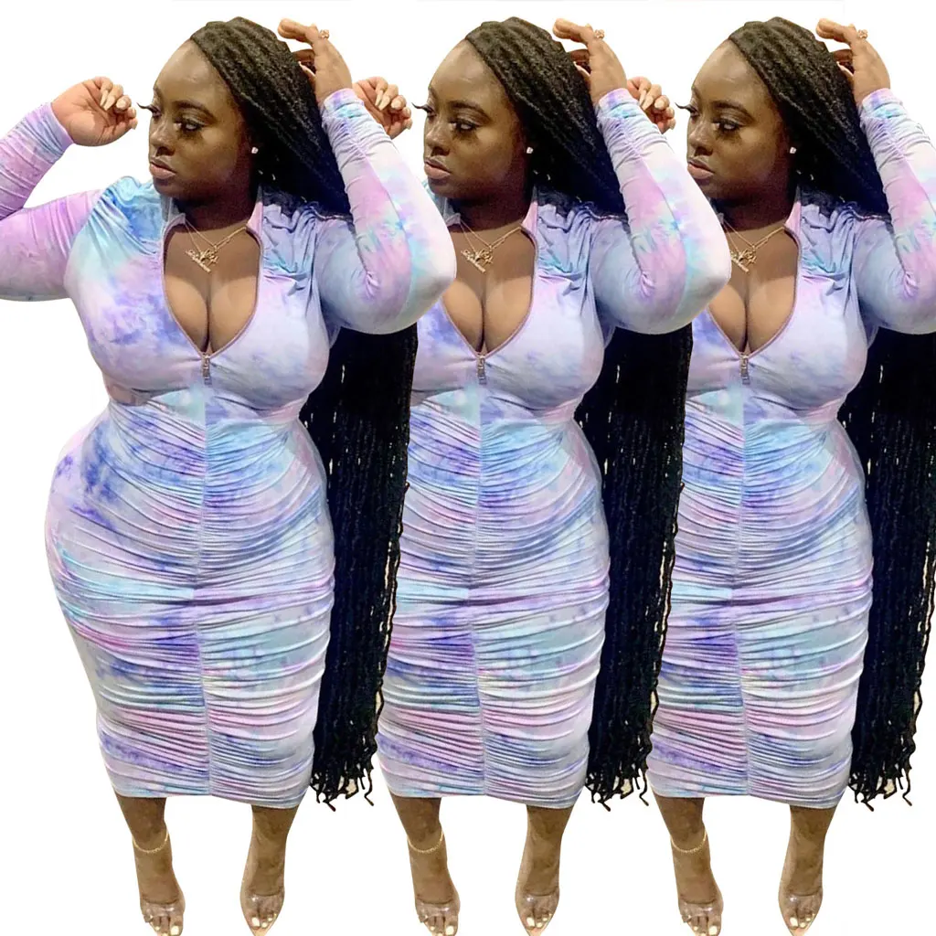 

20701-SW44 plus size 4XL long sleeve tie dyed women dresses sehe fashion, 1 colors