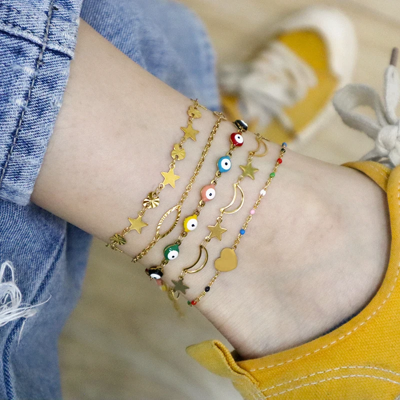 

New arrival 2021 woman jewelry evil eyes foot bracelet 18K gold plated anklet stainless steel