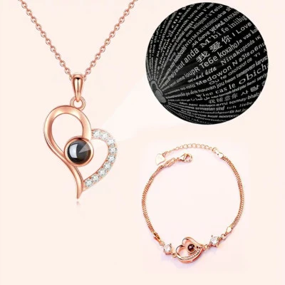

Fashion Rose Gold Silver Heart Crystal Pendant Necklace Bracelet Set For Women Jewelry