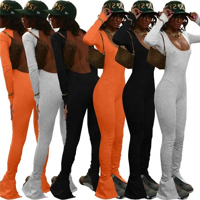 

Quality Autumn Clothing For Women Solid Color Sexy Backless Long Sleeve Microhorn Jumpsuit, Picture shown
