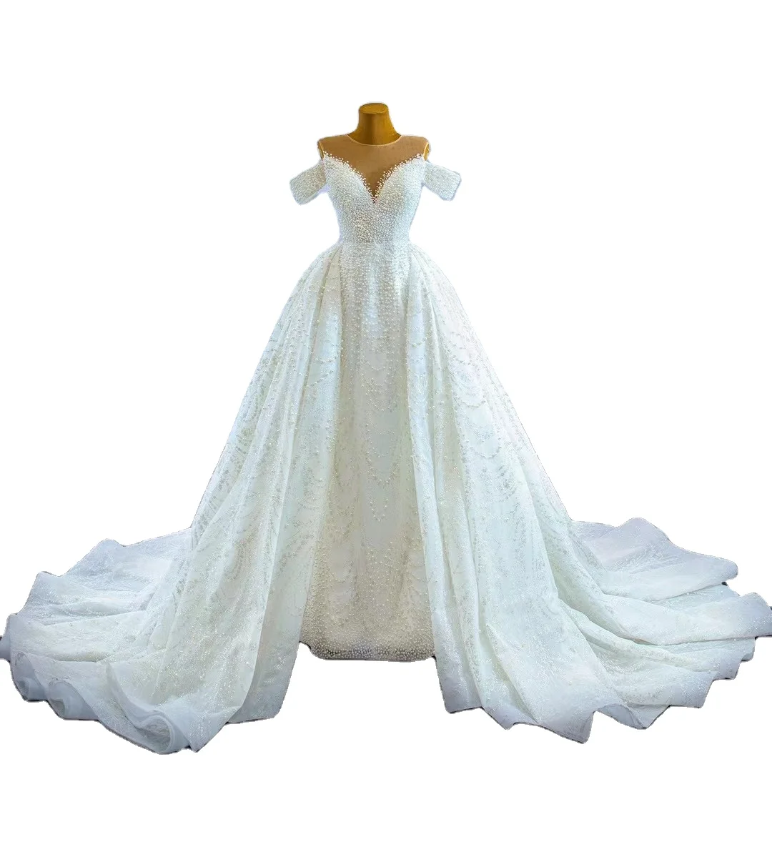 

New design luxury mermaid Ball gown removable sleeves Wholesale ball bridal dress pear bead wedding dress satin dress, Custom made