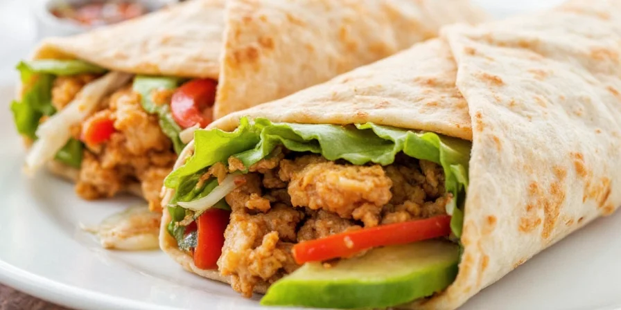 Final plated Thai Chicken Wrap with side drinks and garnishes
