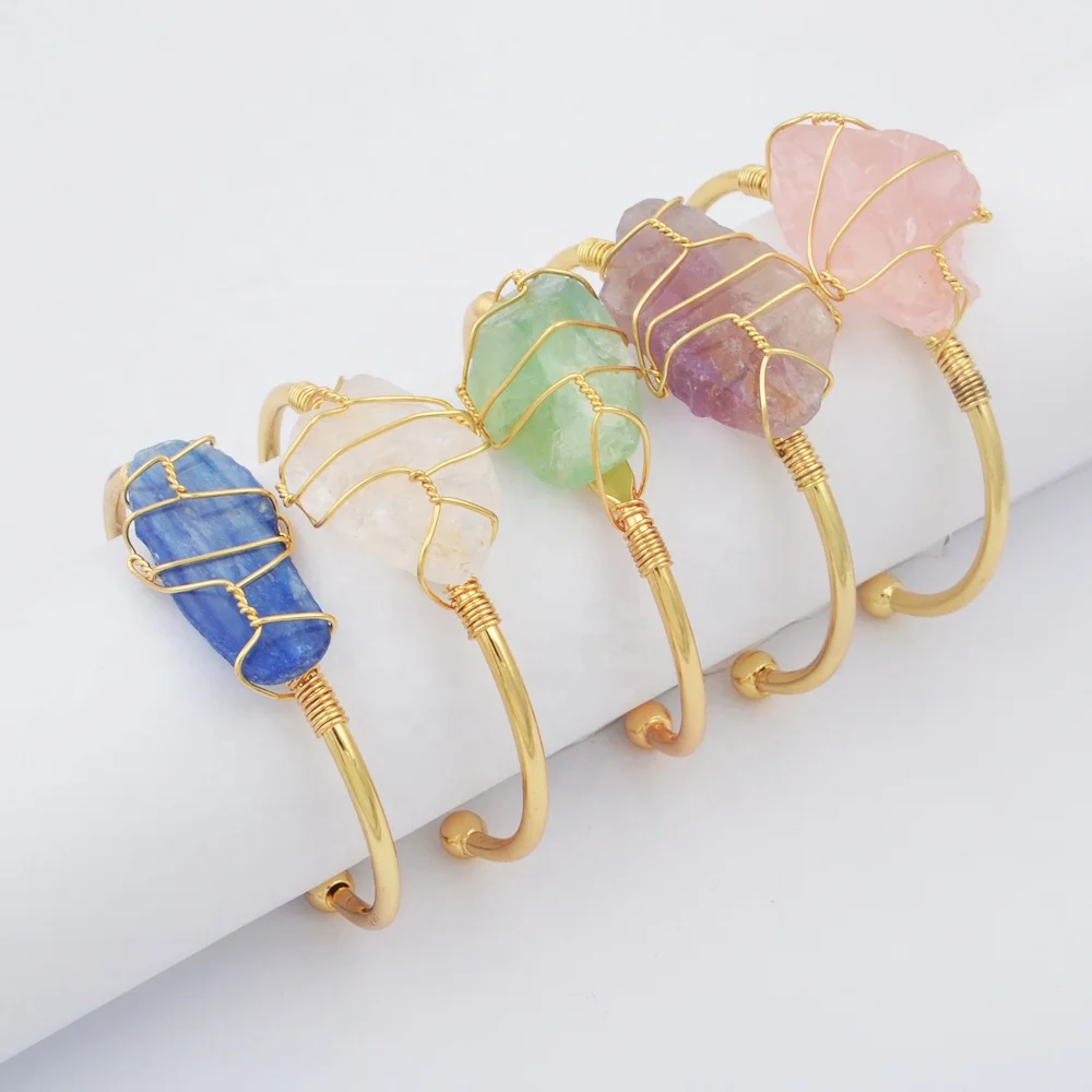 

WX1795 Natural raw stone wire wrap bracelet bangle gold jewelry