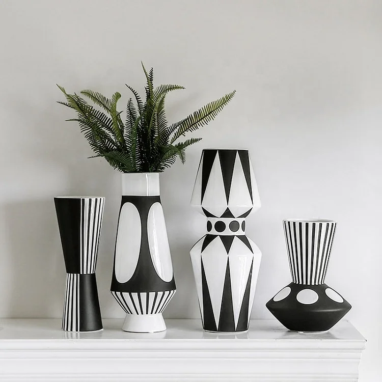 

Hand Painted Modern White Black Nordic Mosaic Geometric Large Floor Ceramic Flower Bud Vase for Home Decor Wedding Centerpieces, Black & white