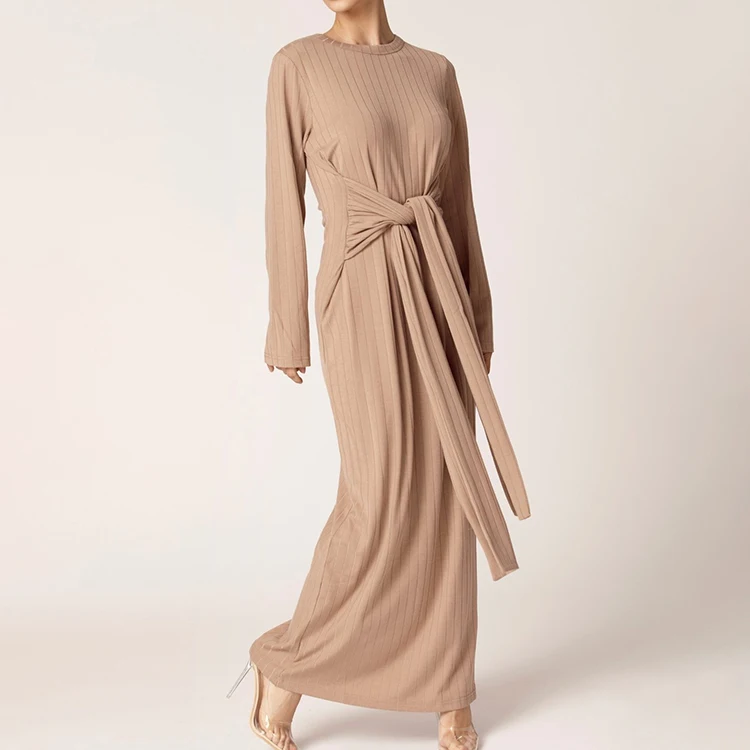 

New Arrival Ribbed Tie Waist Maxi Dress Coffee Wrap Waist Belt Cotton Inner Abaya Dress, 4 colors