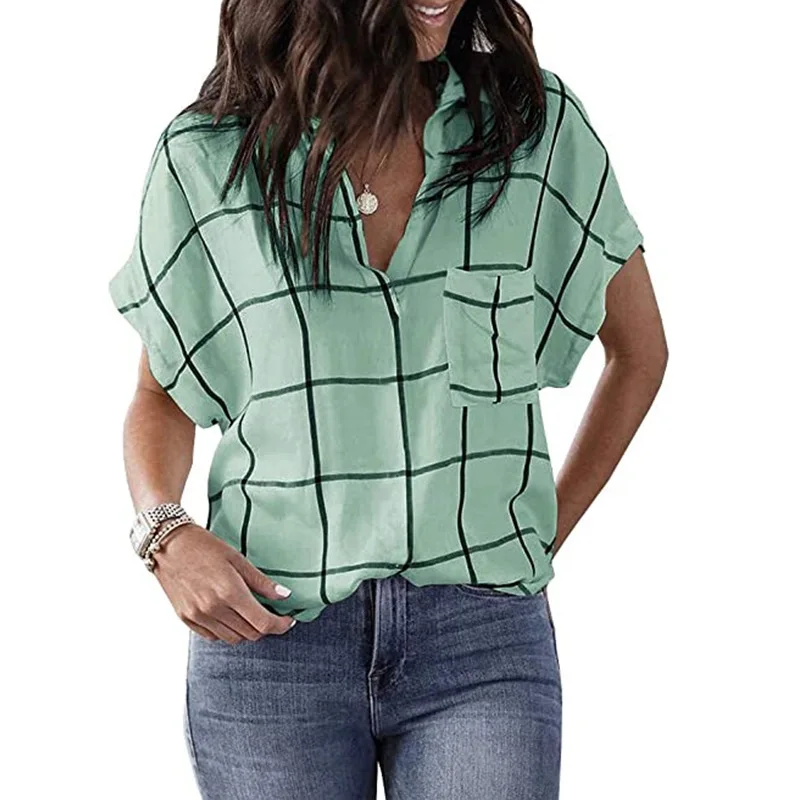 

Spring/summer European and American plaid printed pocket V-neck short-sleeved shirt